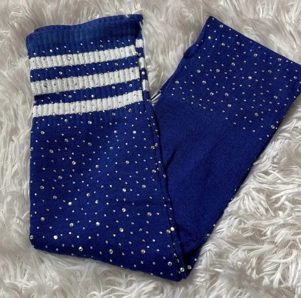 Royal Blue Rhinestone Thigh High Socks Striped Sparkle M/L